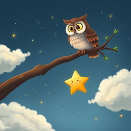 A charming scene depicting Twinkle the star, a tiny, lonely star, meeting a wise old owl perched on a tree branch high in the sky