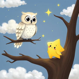 A charming scene depicting Twinkle the star, a tiny, lonely star, meeting a wise old owl perched on a tree branch high in the sky