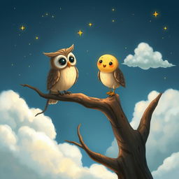 A charming scene depicting Twinkle the star, a tiny, lonely star, meeting a wise old owl perched on a tree branch high in the sky