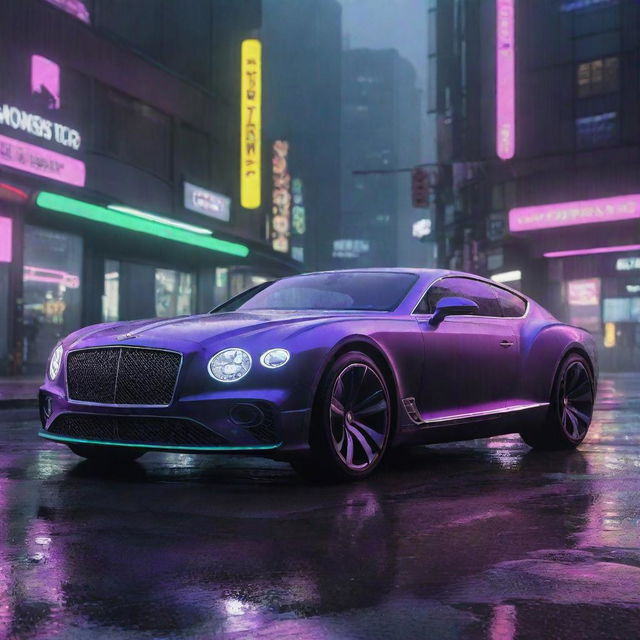 Picture a futuristic Bentley, inspired by Cyberpunk 2077 aesthetics, with unique neon highlights, sleek silhouette, cruising through the neon-lit, rain-soaked streets of Night City