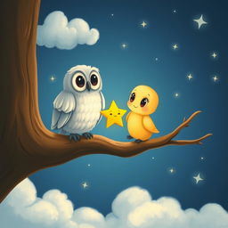 A charming scene depicting Twinkle the star, a tiny, lonely star, meeting a wise old owl perched on a tree branch high in the sky