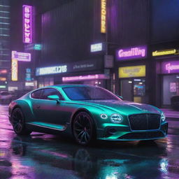 Picture a futuristic Bentley, inspired by Cyberpunk 2077 aesthetics, with unique neon highlights, sleek silhouette, cruising through the neon-lit, rain-soaked streets of Night City