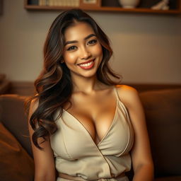 A beautiful woman with large breasts, radiating a seductive and alluring charm, representing a mix of Indonesian and Central Asian features