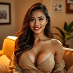 A beautiful woman with large breasts, radiating a seductive and alluring charm, representing a mix of Indonesian and Central Asian features