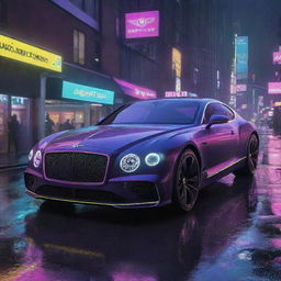 Picture a futuristic Bentley, inspired by Cyberpunk 2077 aesthetics, with unique neon highlights, sleek silhouette, cruising through the neon-lit, rain-soaked streets of Night City