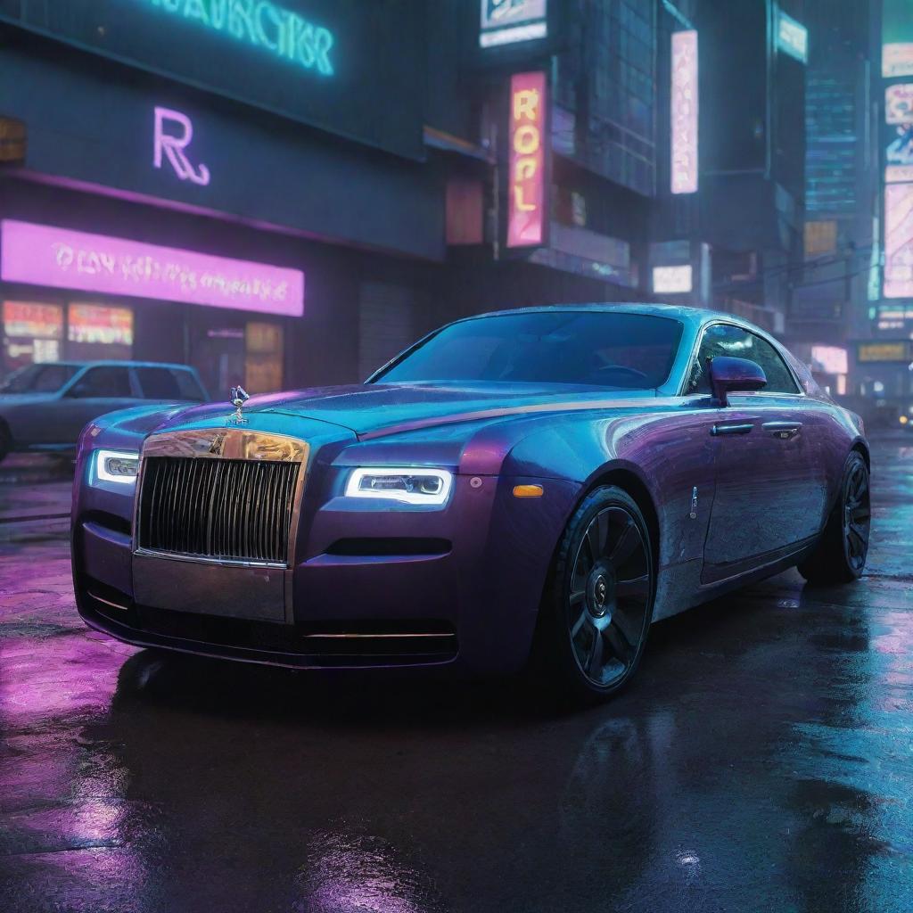 Visualize a Rolls-Royce inspired futuristic vehicle in the Cyberpunk 2077 universe, exemplifying luxury and tech with neon illumination, gliding on the rain-drenched, neon-lit cityscape of Night City