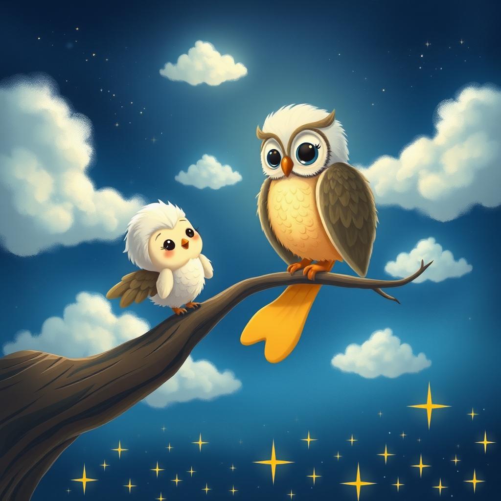 A delightful scene illustrating Twinkle the star meeting a wise old owl perched on a tree branch in the sky