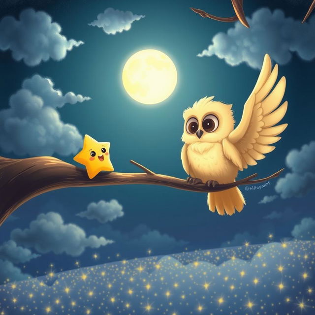 A delightful scene illustrating Twinkle the star meeting a wise old owl perched on a tree branch in the sky