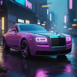 Visualize a Rolls-Royce inspired futuristic vehicle in the Cyberpunk 2077 universe, exemplifying luxury and tech with neon illumination, gliding on the rain-drenched, neon-lit cityscape of Night City