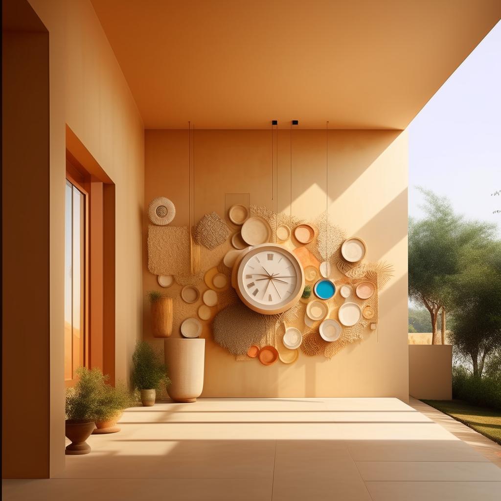 Generate a modern, welcoming house with a colorful feature wall and minimalistic decor. The color scheme should include beige, cream, or off-white, with elements of wood. Include elements of wall decor like clocks and wall cladding, optimized for cost-effectiveness in India.