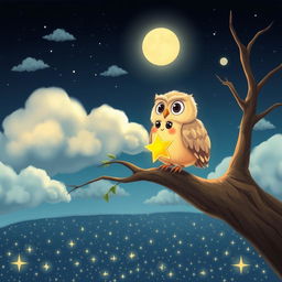 A delightful scene illustrating Twinkle the star meeting a wise old owl perched on a tree branch in the sky