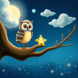 A delightful scene illustrating Twinkle the star meeting a wise old owl perched on a tree branch in the sky