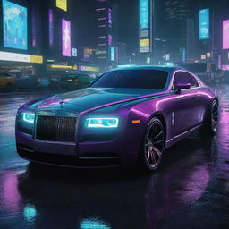 Visualize a Rolls-Royce inspired futuristic vehicle in the Cyberpunk 2077 universe, exemplifying luxury and tech with neon illumination, gliding on the rain-drenched, neon-lit cityscape of Night City