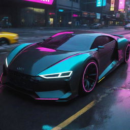 Imagine a futuristic Audi inspired car in the Cyberpunk 2077 universe, highlighting sleek design and neon accents, navigating the dampened, vibrant streets of Night City