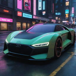 Imagine a futuristic Audi inspired car in the Cyberpunk 2077 universe, highlighting sleek design and neon accents, navigating the dampened, vibrant streets of Night City