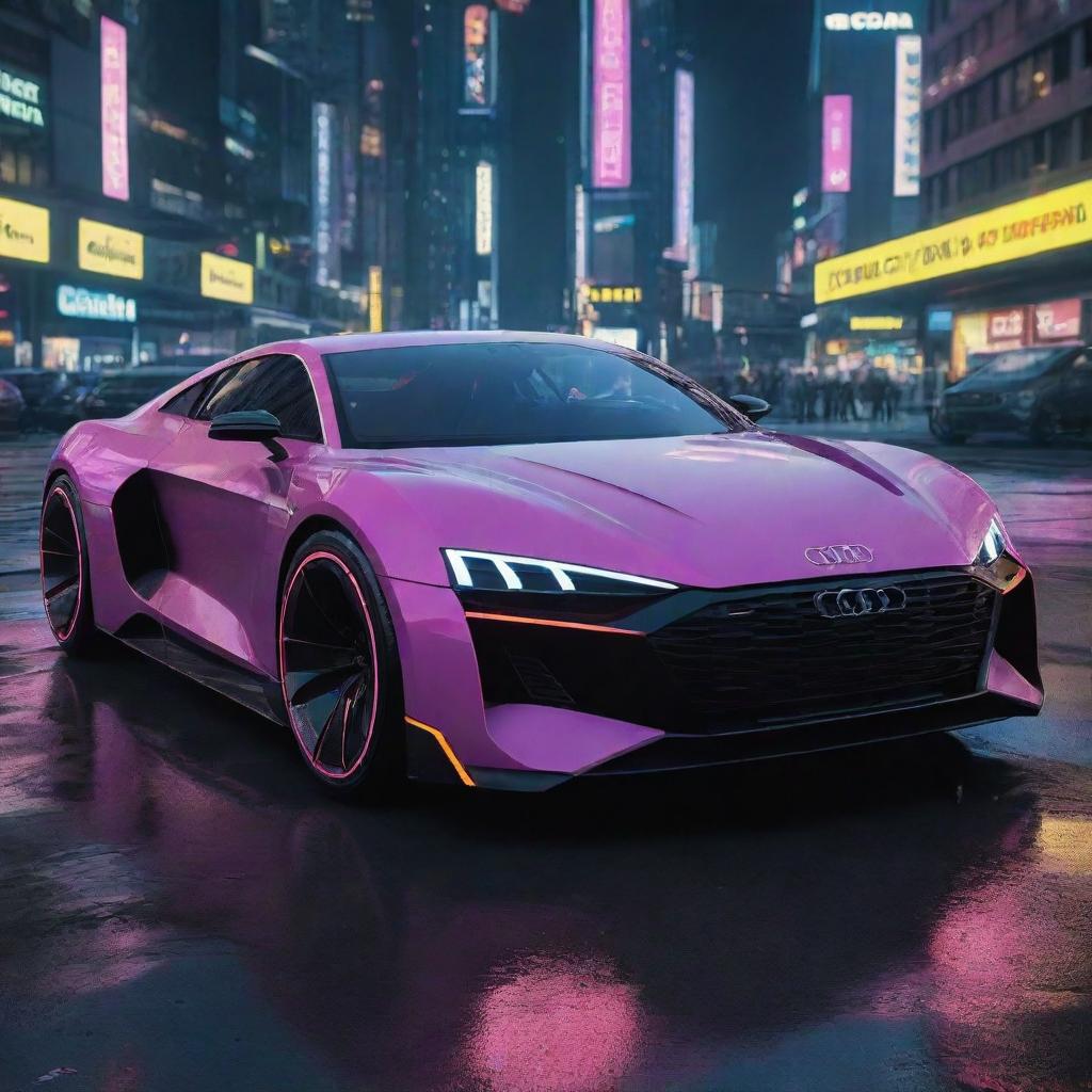 Imagine a futuristic Audi inspired car in the Cyberpunk 2077 universe, highlighting sleek design and neon accents, navigating the dampened, vibrant streets of Night City