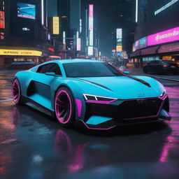 Imagine a futuristic Audi inspired car in the Cyberpunk 2077 universe, highlighting sleek design and neon accents, navigating the dampened, vibrant streets of Night City