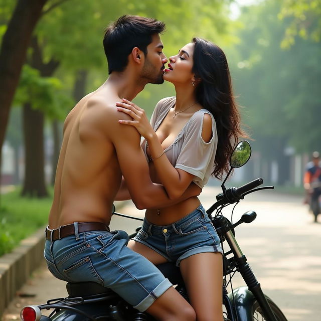 Sensual scene of a college girl inspired by Nushrat Bharucha, wearing a short skirt and a partially removed transparent shirt, revealing her cleavage and navel