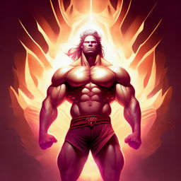 Create an illustration of Zyzz as a god of bodybuilding, prominently displaying his muscular physique and emanating a powerful radiant aura.