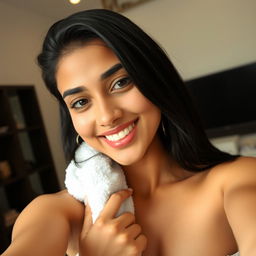A young woman with black hair and fair skin, embodying a Pakistani look, is taking a selfie