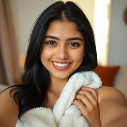 A young woman with black hair and fair skin, embodying a Pakistani look, is taking a selfie