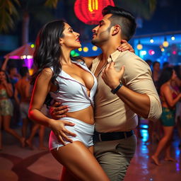 Sensual scene of a woman inspired by Nushrat Bharucha, wearing a short skirt and bold red lipstick, in the middle of a bachata dance at a lively pool party