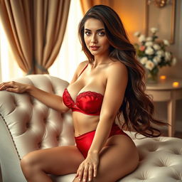A beautifully alluring woman with long flowing brunette hair, wearing a stunning red satin lingerie set that hugs her curves perfectly