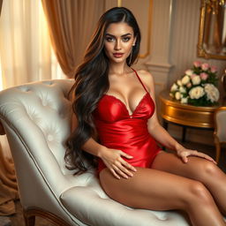A beautifully alluring woman with long flowing brunette hair, wearing a stunning red satin lingerie set that hugs her curves perfectly