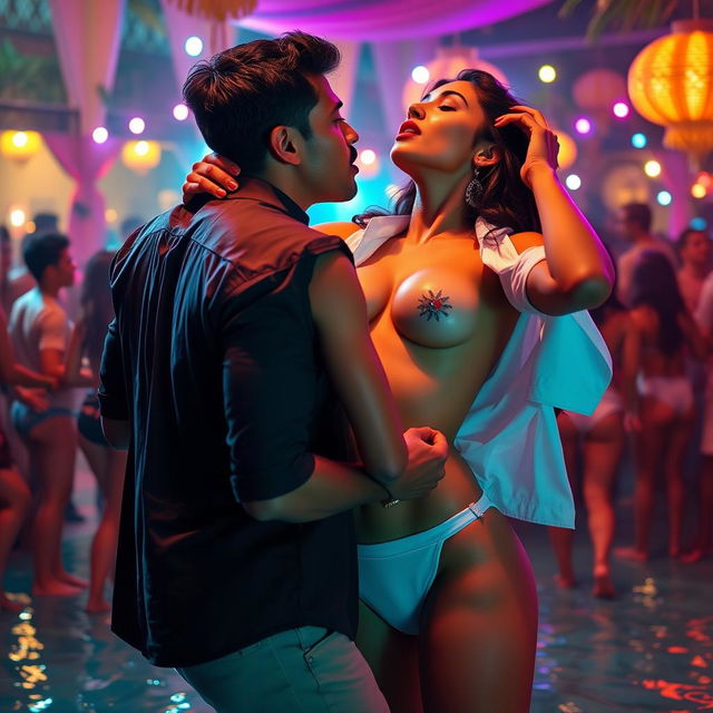 Sensual scene of a woman inspired by Nushrat Bharucha, wearing bikini bottoms and bold red lipstick, in the midst of a passionate bachata dance at a vibrant pool party