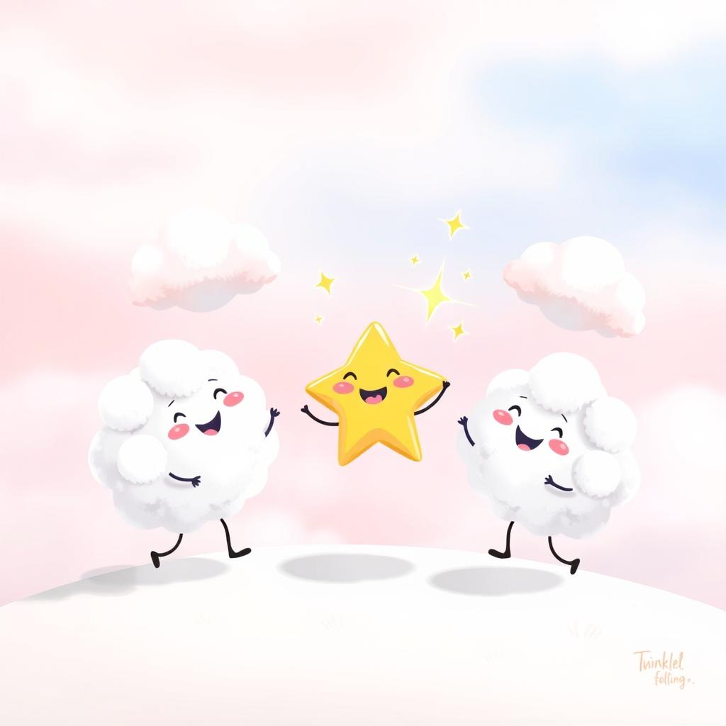 A joyful and lighthearted scene featuring fluffy, friendly clouds playfully dancing with Twinkle the star