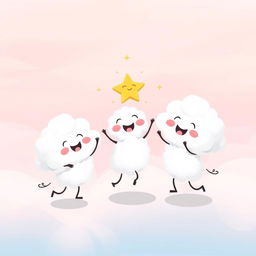 A joyful and lighthearted scene featuring fluffy, friendly clouds playfully dancing with Twinkle the star