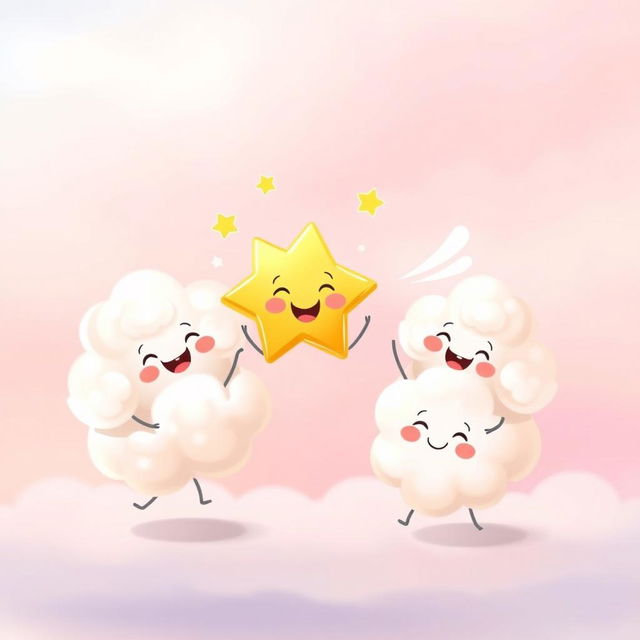 A joyful and lighthearted scene featuring fluffy, friendly clouds playfully dancing with Twinkle the star