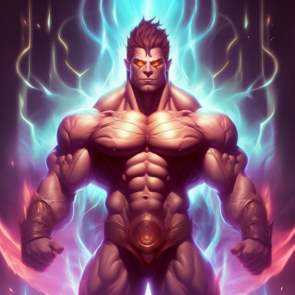 Create an illustration of Zyzz as a god of bodybuilding, prominently displaying his muscular physique and emanating a powerful radiant aura.