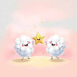 A whimsical and joyful scene showcasing fluffy, friendly clouds playfully dancing with Twinkle, a sparkling star