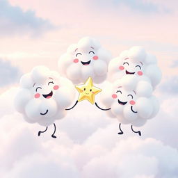 A whimsical and joyful scene showcasing fluffy, friendly clouds playfully dancing with Twinkle, a sparkling star