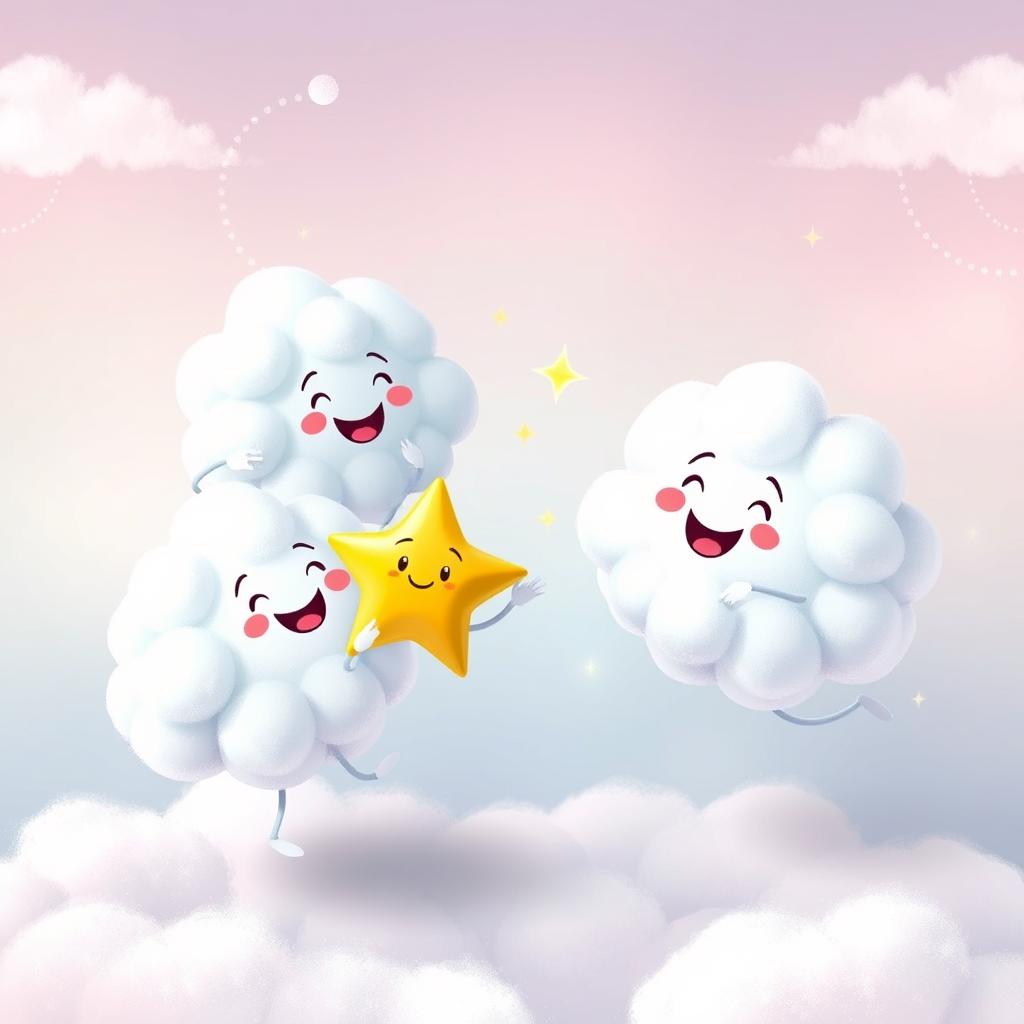 A whimsical and joyful scene showcasing fluffy, friendly clouds playfully dancing with Twinkle, a sparkling star