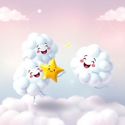 A whimsical and joyful scene showcasing fluffy, friendly clouds playfully dancing with Twinkle, a sparkling star