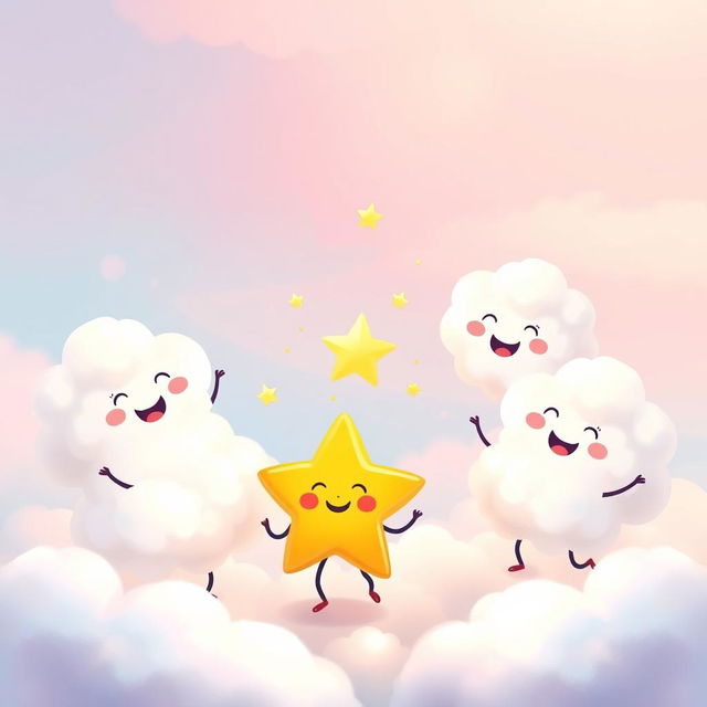 A whimsical and joyful scene showcasing fluffy, friendly clouds playfully dancing with Twinkle, a sparkling star