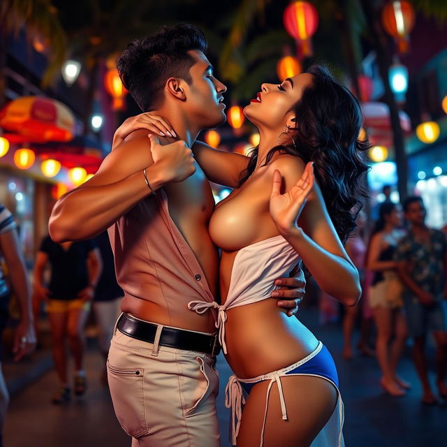 Sensual scene of a woman inspired by Nushrat Bharucha, wearing bikini bottoms and striking red lipstick, as she passionately makes out with a man during a bachata dance on a lively street in Goa