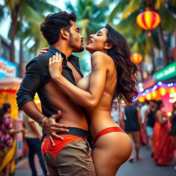 Sensual scene of a woman inspired by Nushrat Bharucha, wearing bikini bottoms and striking red lipstick, as she passionately makes out with a man during a bachata dance on a lively street in Goa