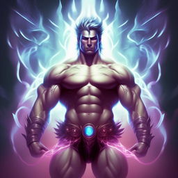 Create an illustration of Zyzz as a god of bodybuilding, prominently displaying his muscular physique and emanating a powerful radiant aura.