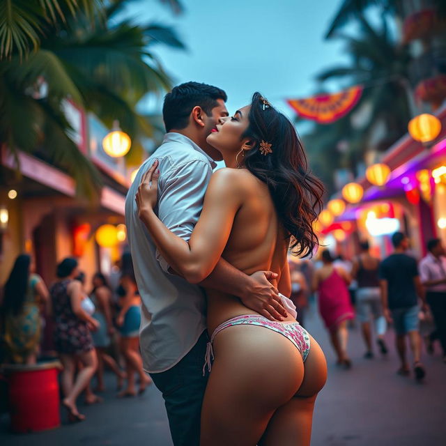 Sensual scene of a woman inspired by Nushrat Bharucha, wearing bikini bottoms and striking red lipstick, as she passionately makes out with a man during a bachata dance on a lively street in Goa