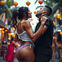 Sensual scene of a woman inspired by Nushrat Bharucha, wearing bikini bottoms and striking red lipstick, as she passionately makes out with a man during a bachata dance on a lively street in Goa