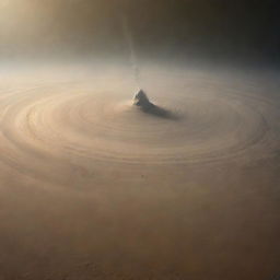 Visualise a tornado on Mercury: a swirling dust storm against a barren, crater-pocked landscape, with the intense sunlight casting long, harsh shadows