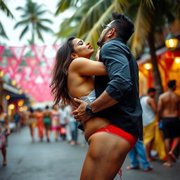 Sensual scene featuring a woman inspired by Nushrat Bharucha, dressed in bikini bottoms and striking red lipstick, as she passionately makes out with a man during a bachata dance on a vibrant street in Goa