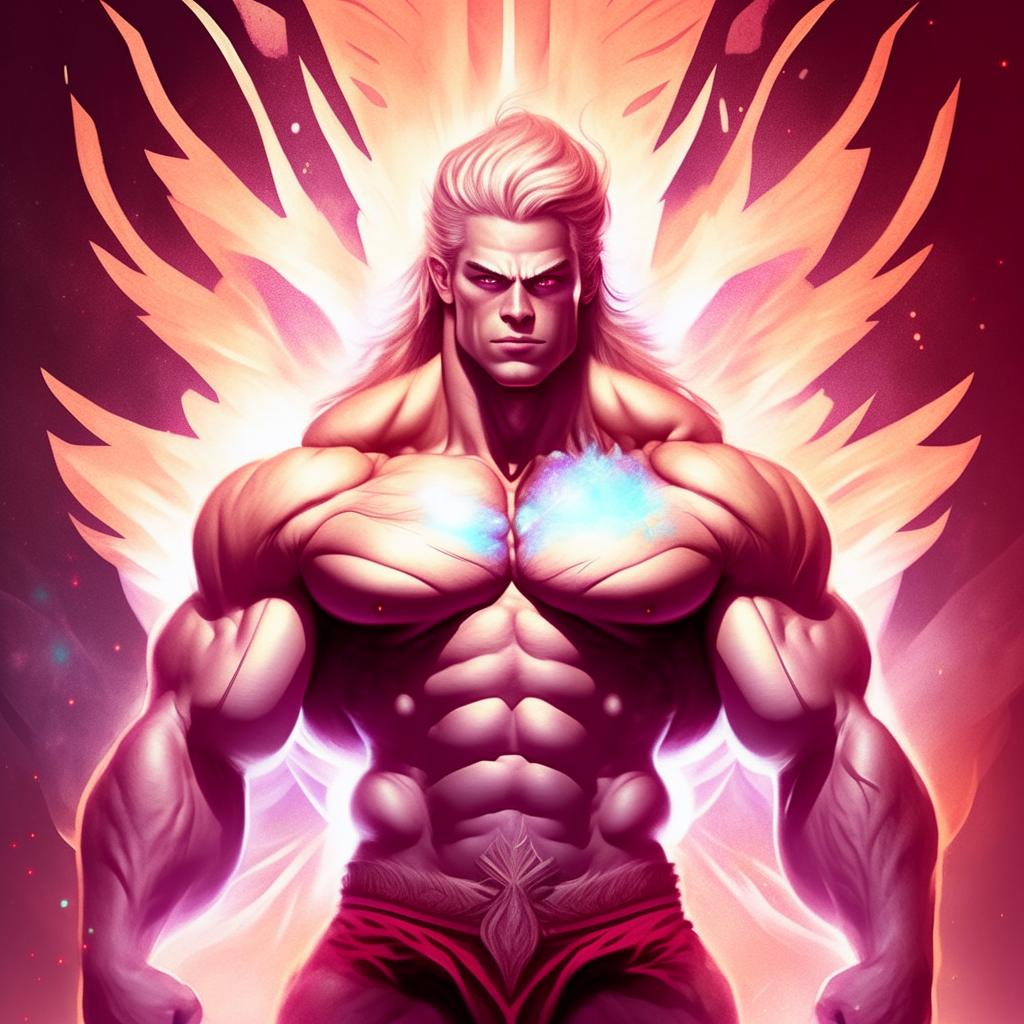 Create an illustration of Zyzz as a god of bodybuilding, prominently displaying his muscular physique and emanating a powerful radiant aura.