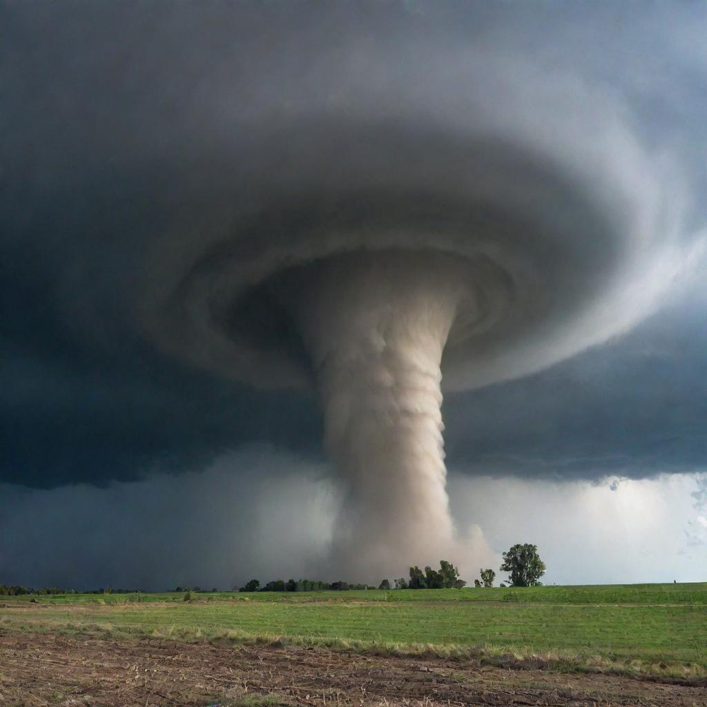 Picture an Earth tornado: a mighty wind vortex spiral trending up to the stormy sky, ripping through the serene rural landscape pulling debris into its violent swirl