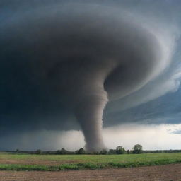 Picture an Earth tornado: a mighty wind vortex spiral trending up to the stormy sky, ripping through the serene rural landscape pulling debris into its violent swirl