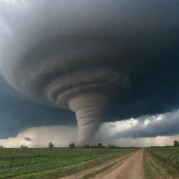 Picture an Earth tornado: a mighty wind vortex spiral trending up to the stormy sky, ripping through the serene rural landscape pulling debris into its violent swirl