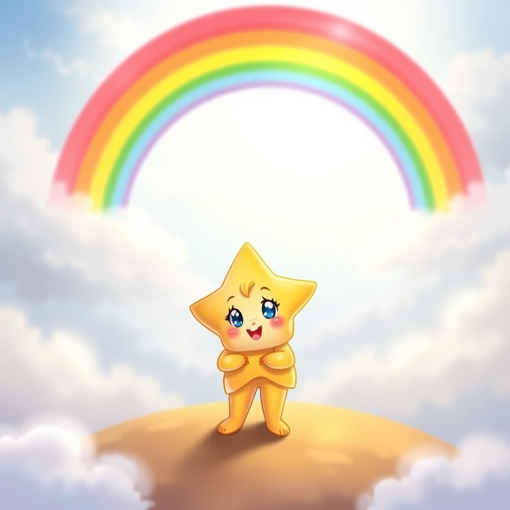 Twinkle the star stands confidently at the starting point of a radiant, colorful rainbow that arches majestically across the sky